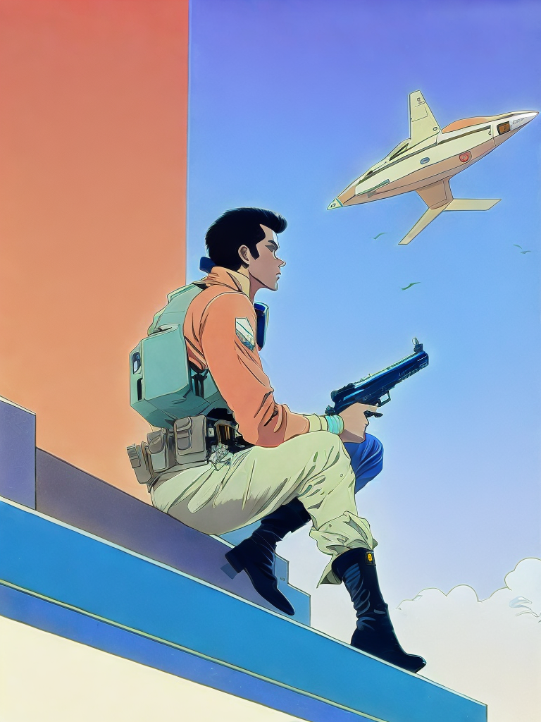 00705-1217057585-a man sitting on a ledge with a gun in his hand and a spaceship in the background by Moebius Jean Giraud.png